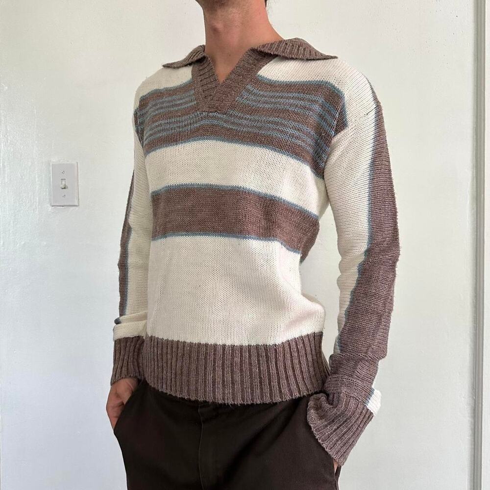 Vintage 70s Striped Collar Rugby Preppy Knit Sweater Longsleeve Pullover